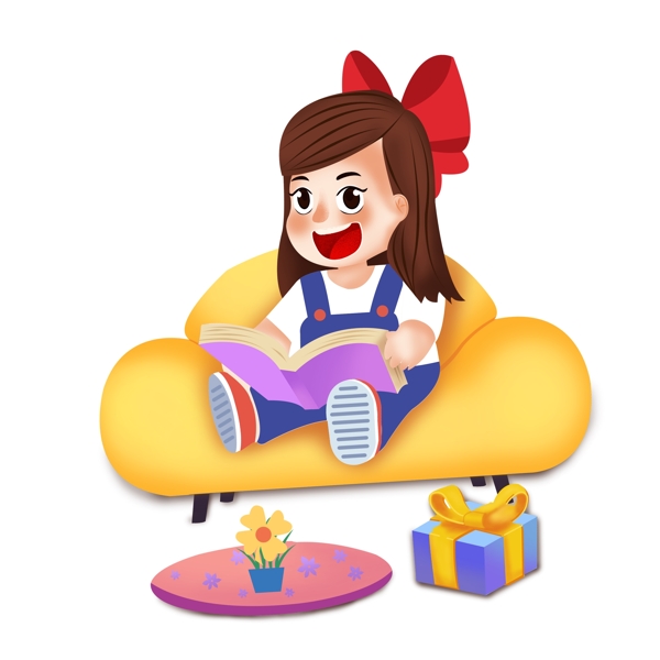 卡通小清新坐在沙发上看书的女孩