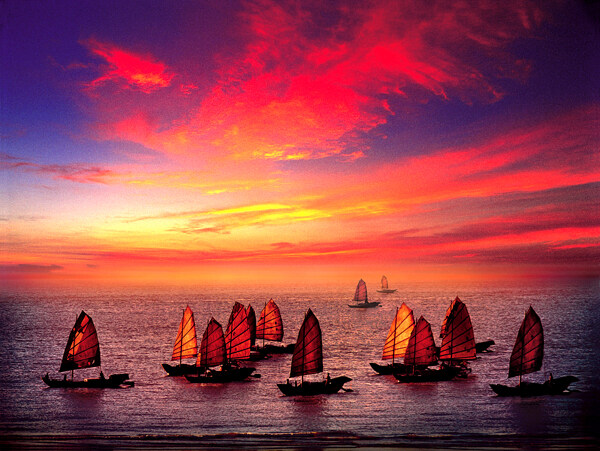 高清风景素材夕阳下的帆船