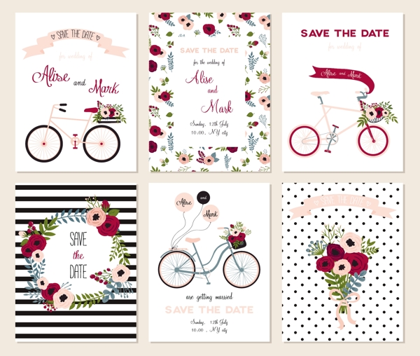 玫瑰花自行车婚礼卡片模板下载