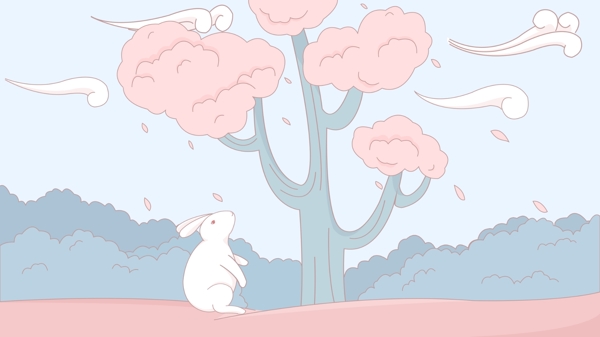 秋天你好插画蓝天白云树下看落叶的小白兔