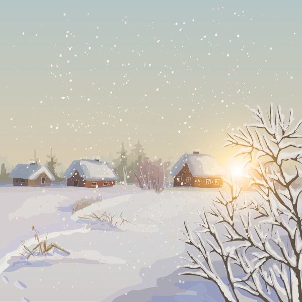 雪地里的村庄插画