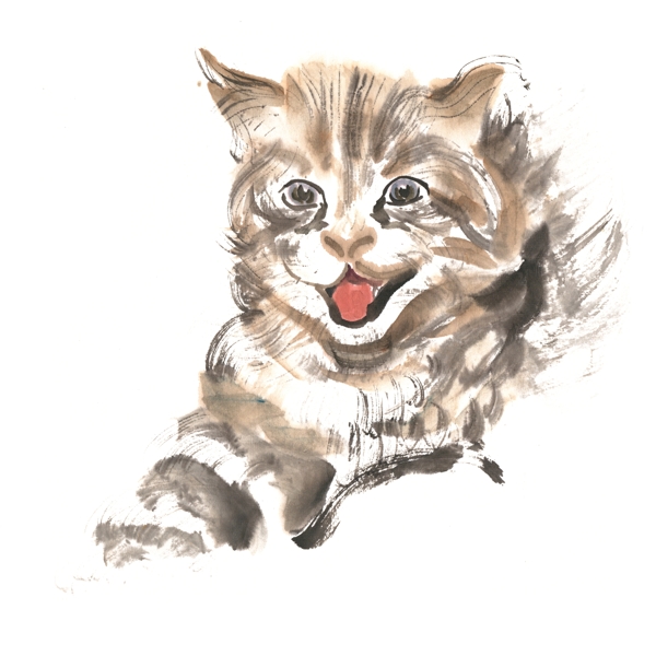 伸舌头的小猫水墨画PNG免抠素材