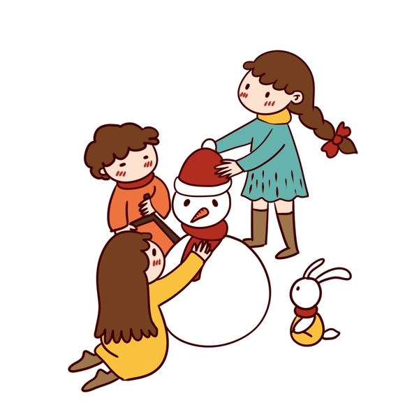 手绘矢量卡通可爱小雪节气小孩子堆雪人