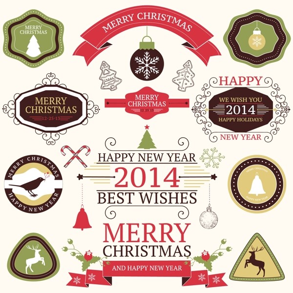 2014的圣诞节标签色带和挂件饰品矢量01