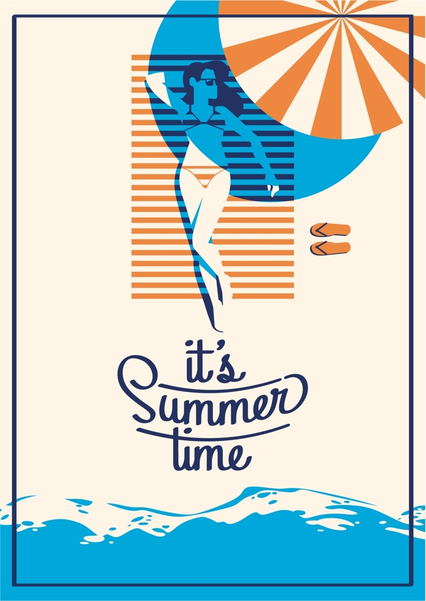 美女沙滩夏日假期度假矢量海报背景