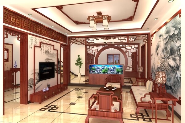 中式别墅客餐厅效果图图片