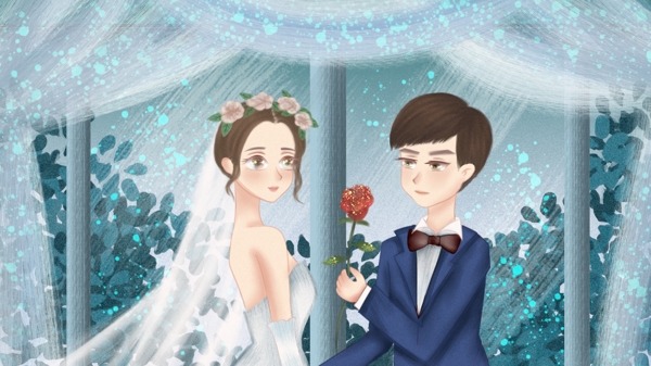 简约清新唯美情侣求婚婚礼浪漫爱情插画