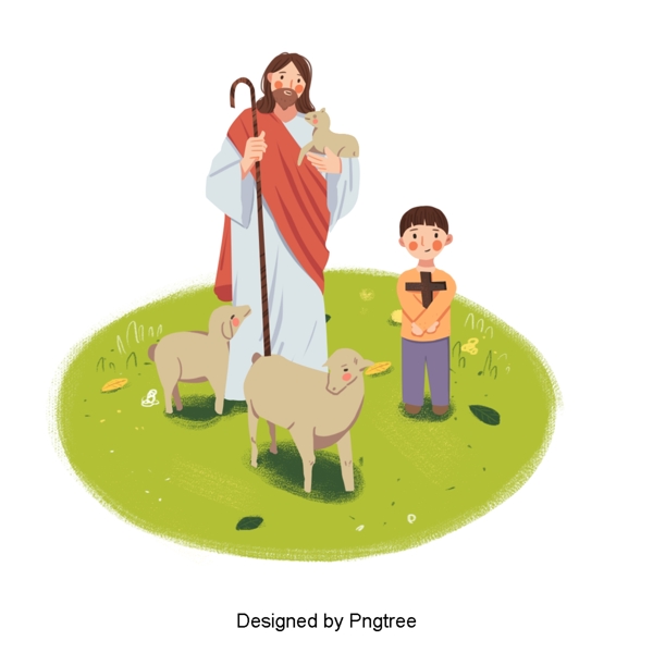 可爱的耶稣拿着羊和儿童手绘插图