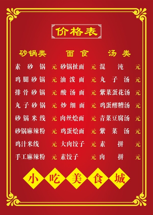 价格表