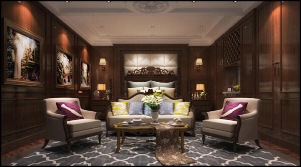 中式典雅客厅紫色抱枕室内装修效果图
