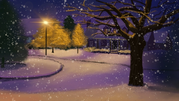 冬天你好静谧雪夜场景插画