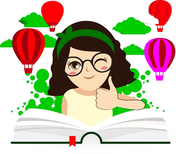 戴眼镜的女孩阅读看书矢量元素