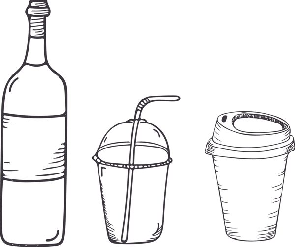 饮料瓶子通黑白线条矢量涂鸦装饰元素合集