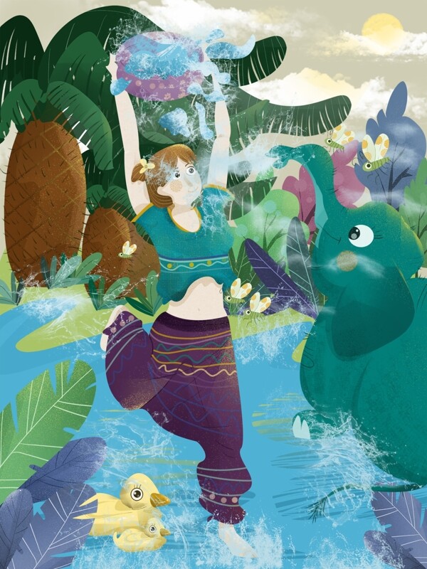 泼水节插画与大象泼水的女孩