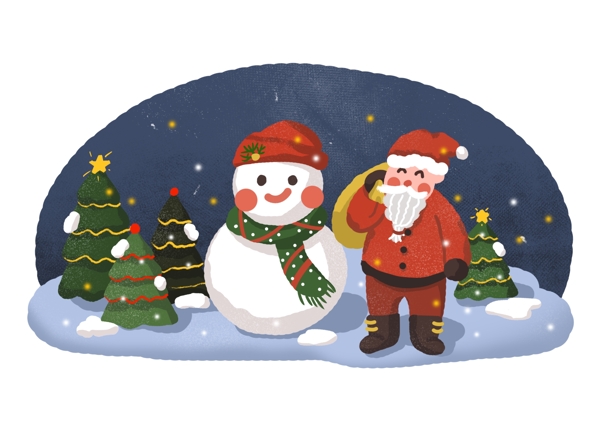 圣诞节圣诞夜圣诞老人雪人和圣诞树