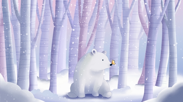 立冬树林里白熊与蝴蝶小清新治愈系插画壁纸