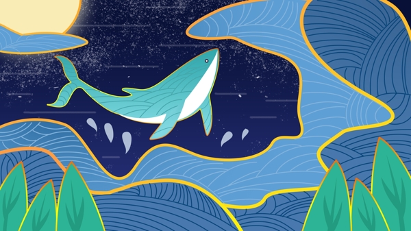 流光溢彩中国风治愈系鲸鱼原创手绘插画