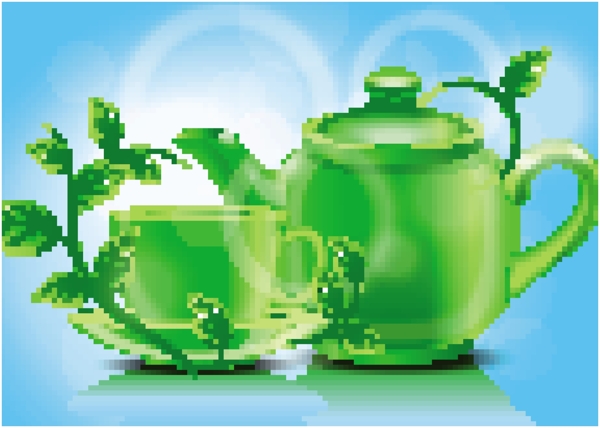 茶杯茶壶和绿叶背景矢量免费