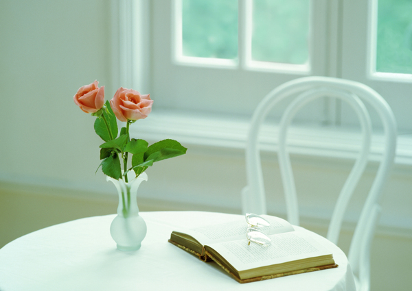 窗前圆桌上的玫瑰书刊图片