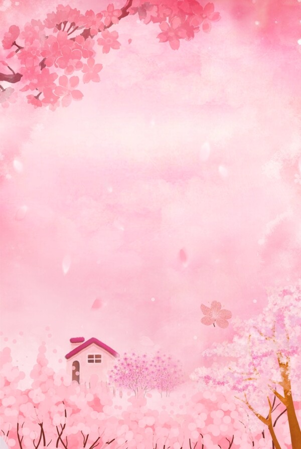 樱花节粉色唯美小屋花海海报