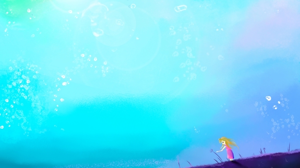 蓝色天空下的草地上的小女孩卡通背景