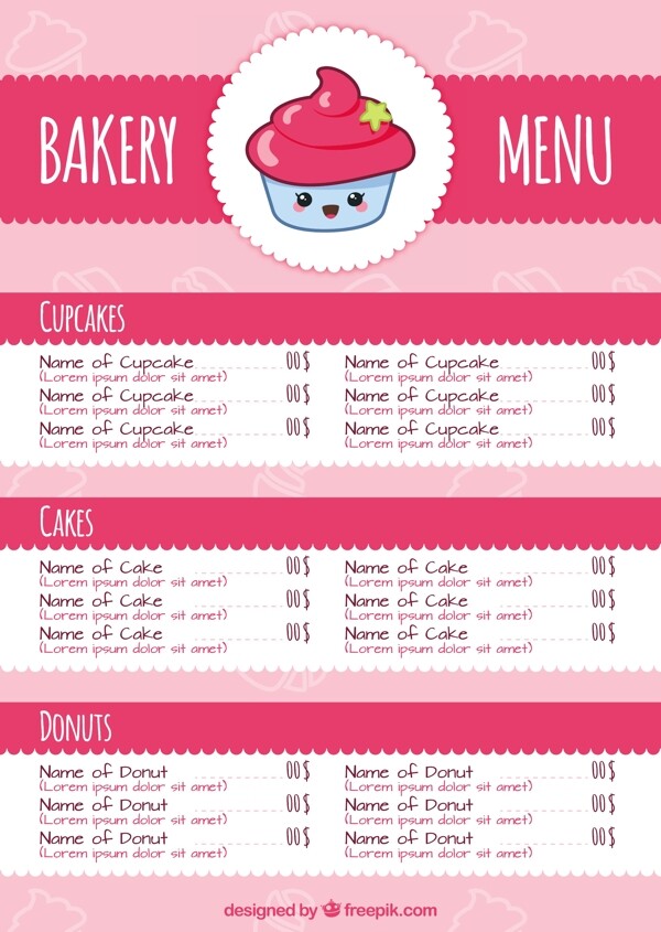 粉红色的面包店的菜单