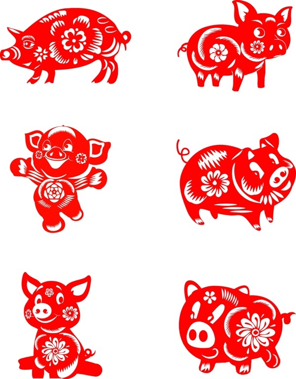 猪年红色创意剪纸猪元素集合