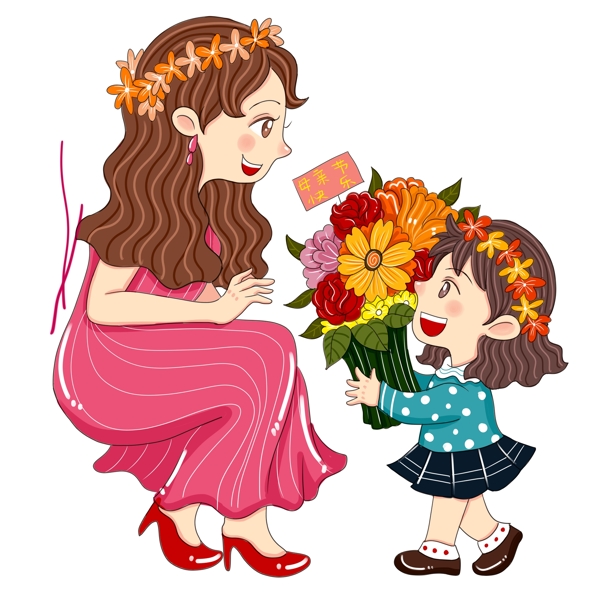 彩绘母亲节献花场景插画设计