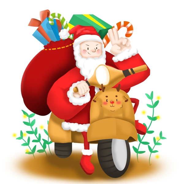 圣诞节圣诞老人出行骑电动车手绘插画