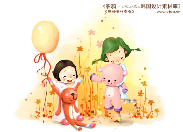 HanMaker韩国设计素材库背景卡通漫画可爱人物女孩玩具玩耍开心儿童