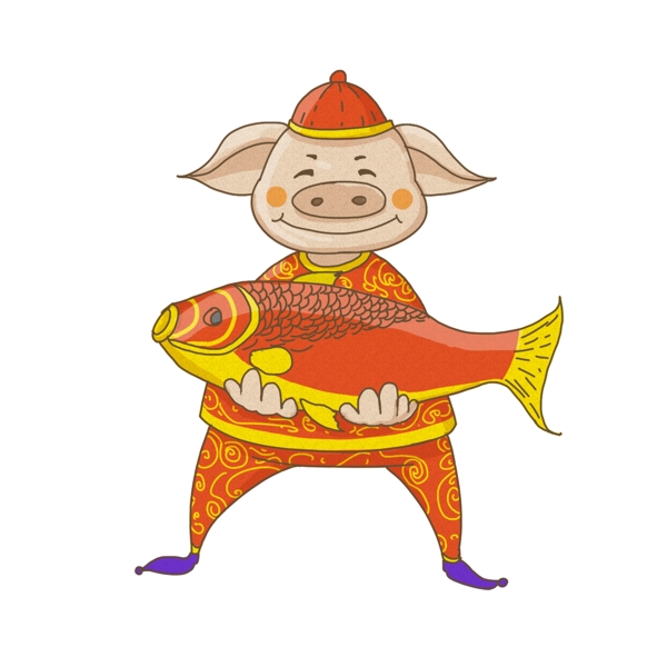 小福猪卡通可爱手抱金鱼猪猪手绘插画