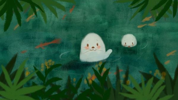 池塘里的海豹妈妈宝宝手绘插画
