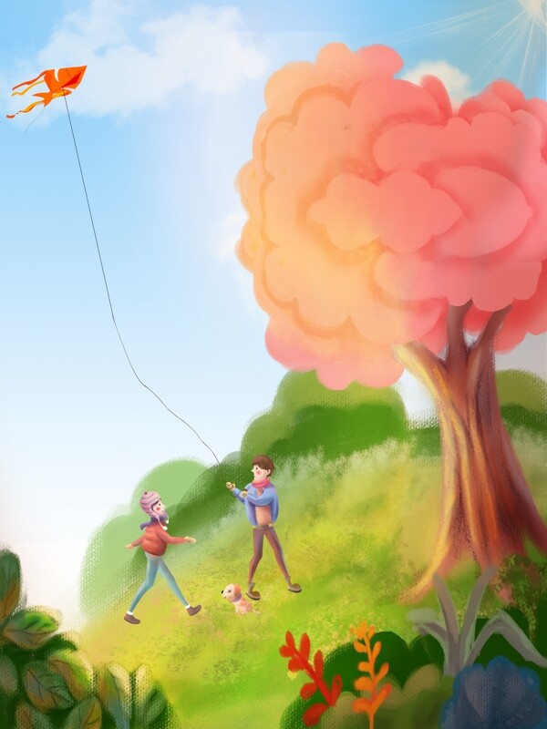 春季卡通儿童放风筝背景