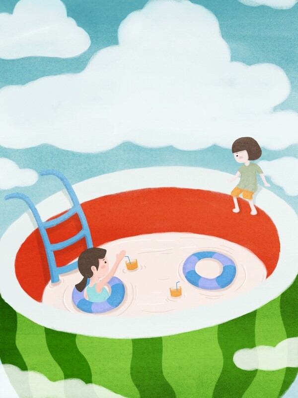 原创插画夏天里的西瓜游泳池