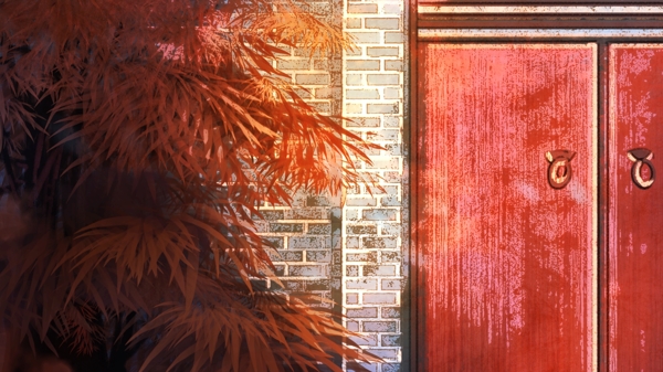 简约大气水彩风秋天的一角复古红门插画