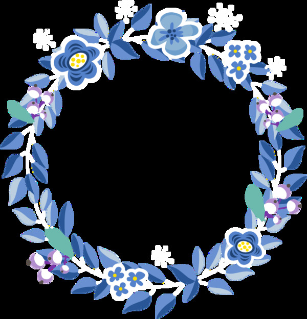 蓝色文雅手绘花环装饰元素