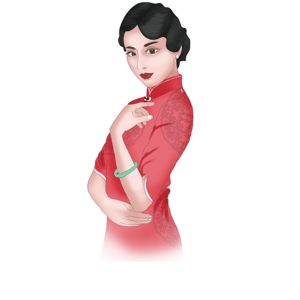 手绘穿着红色祺袍的女子元素
