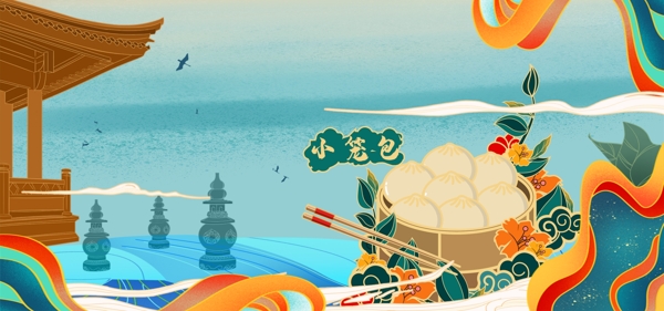国潮美食杭州小笼包中式背景图片