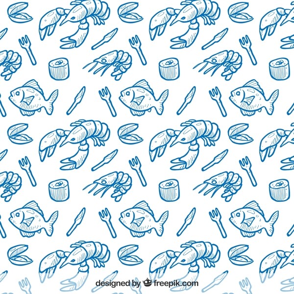 蓝色素描海鲜餐饮背景