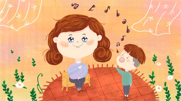 温馨母亲节孩子唱歌给母亲插画