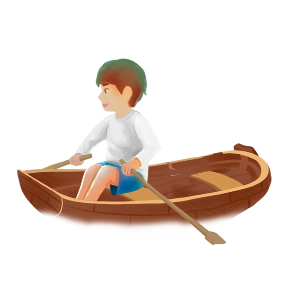 卡通小男孩划船插画