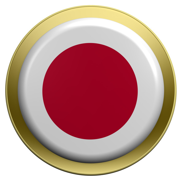 日本国旗上的圆形按钮白色隔离