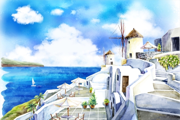 手绘地中海风景