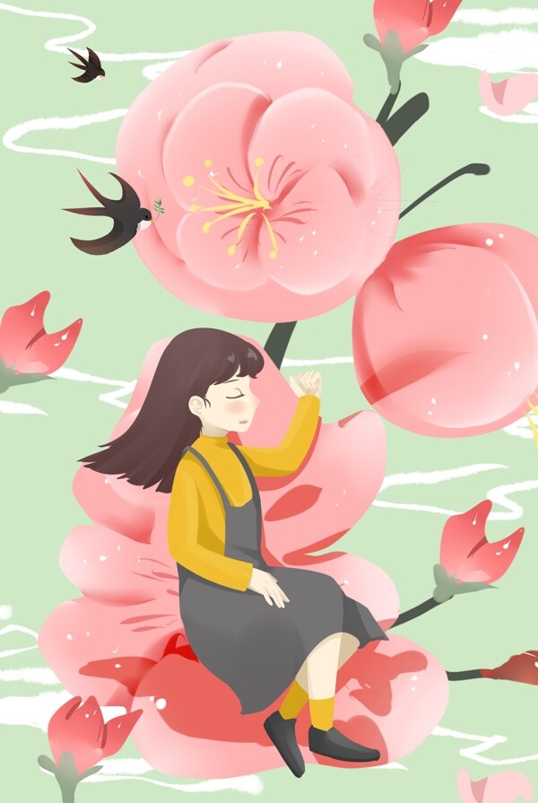 春季小女孩与桃花清新唯美卡通背景