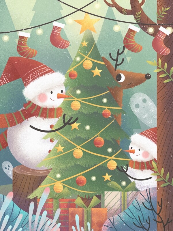 原创圣诞节插画装饰圣诞树的雪人
