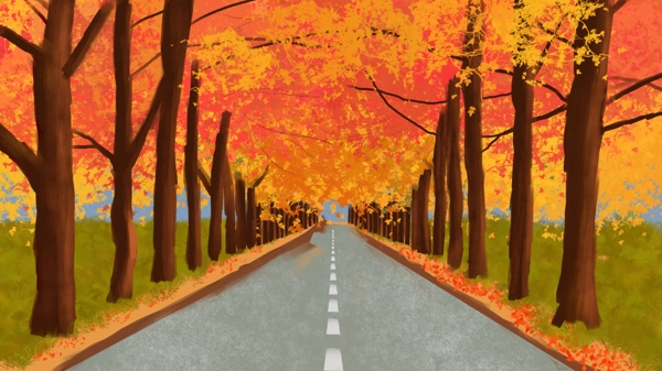 公路两边的红色叶子树木卡通背景