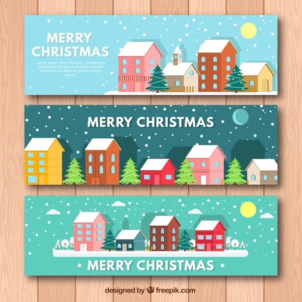 3款下雪的圣诞节城市banner矢量素材