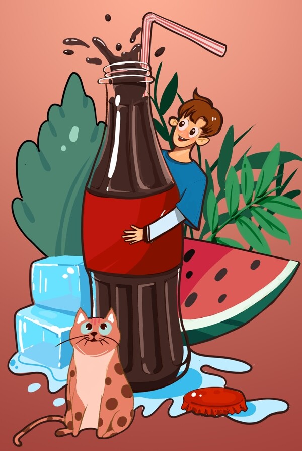 夏季可乐西瓜人物插画卡通背景