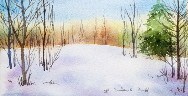 彩色水彩画冬季森林河边矢量素材