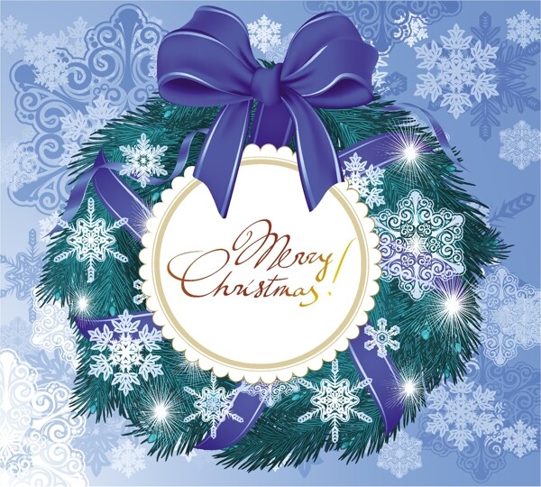雪花蓝色的蝴蝶结和贺卡矢量下雪的圣诞花环